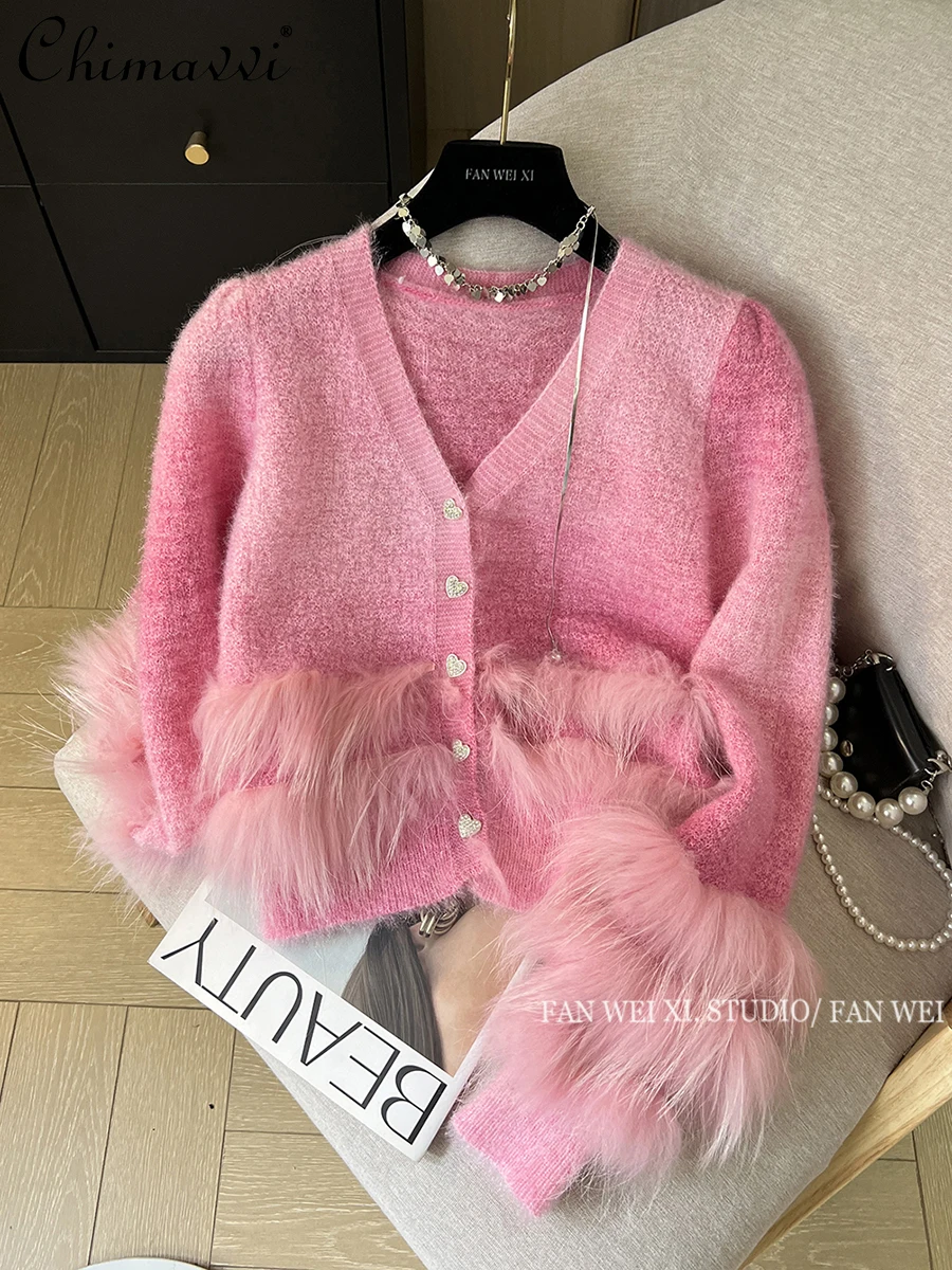 Autumn and Winter New High-grade Sweet Ladies Elegant Fox Fur Gradient V-neck Soft Waxy Sweater Women's Short Knitted Cardigan