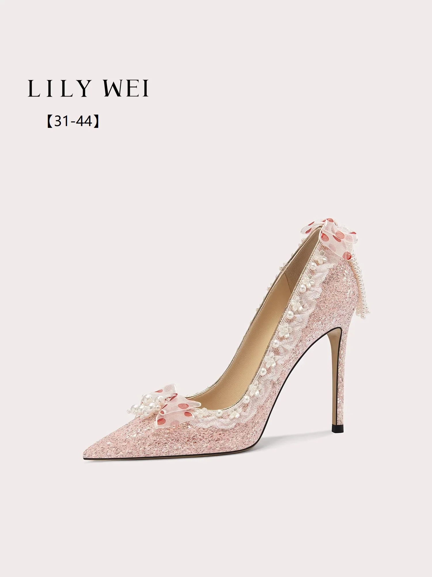 Spring new pointed toe shallow pearl ribbon bow pink sequin high heels banquet dress large size small size thin heel women shoes