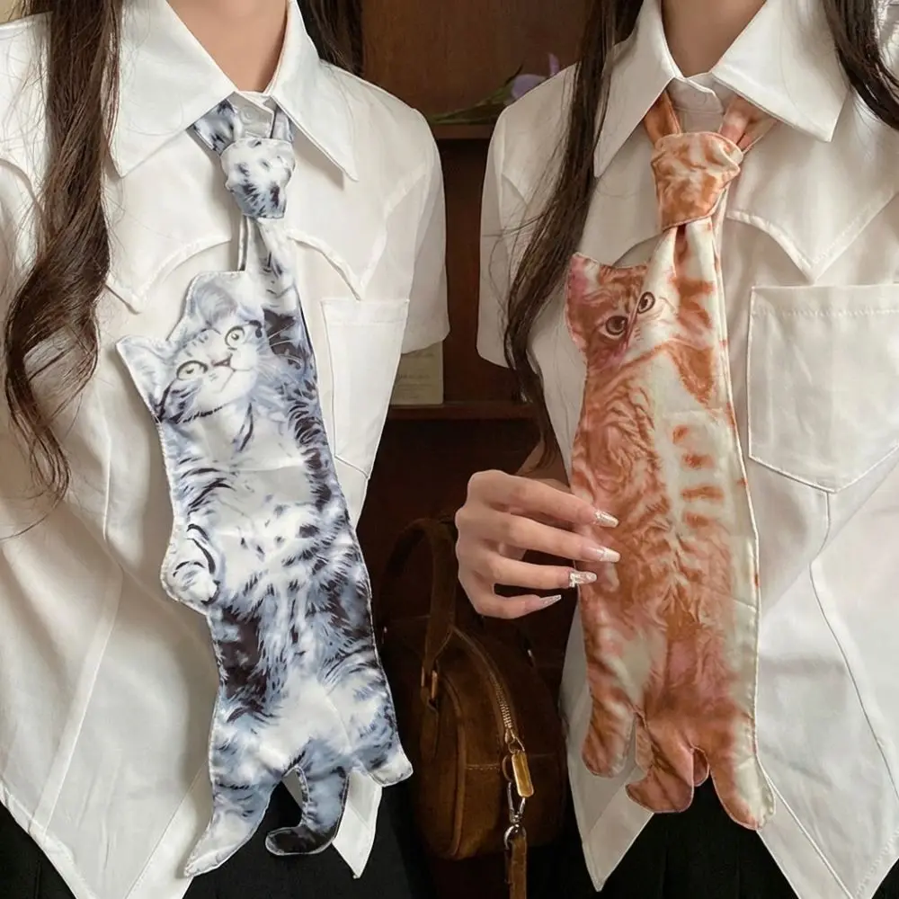 Trendy Cat Print Tie Necklace Unique Exaggerated Design Necktie Niche Sweet Versatile Collarbone Tie For Women Men