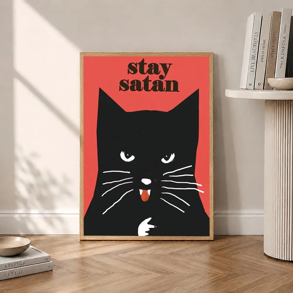 Stay Satan Black Cat HD Wall Art Poster Vintage Polish Retro Funny Animal Music Illustration Home Decor Cat Lover Gift