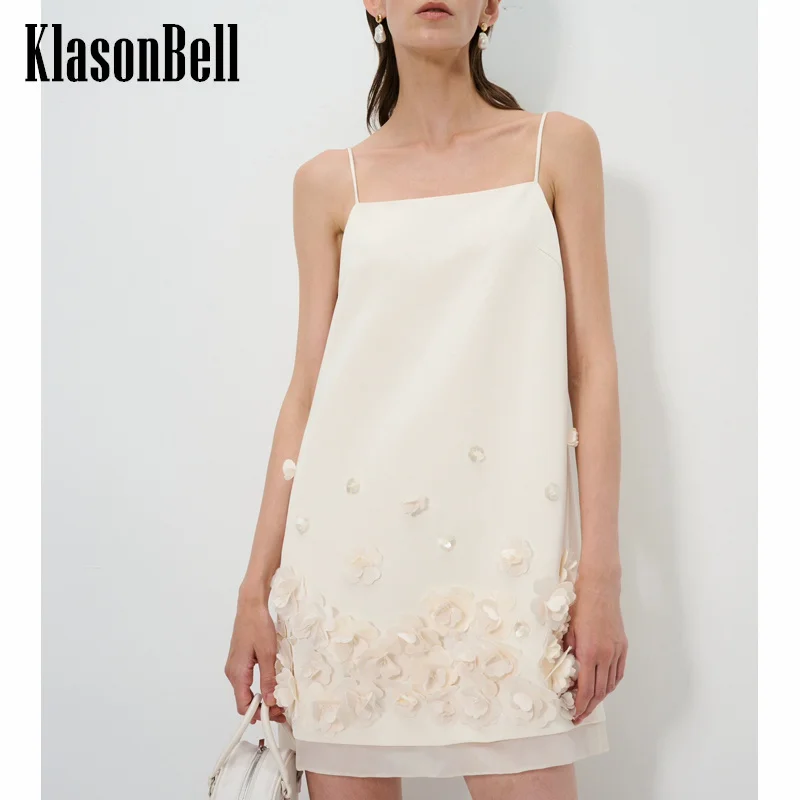 

6.21 KlasonBell Women Hand Flower Beading Decoration Sexy Suspender Dress Hem Spliced Fake Two Piece Sweet Girl Dress y2k