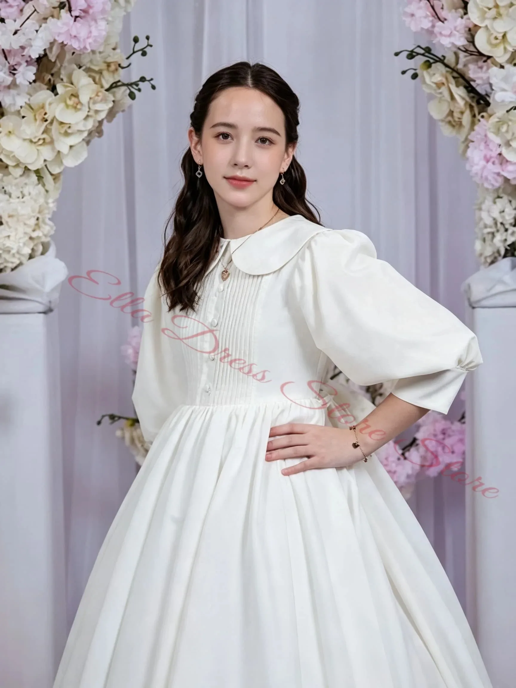 Blumenmädchenkleid Grün Erstkommunionkleid für Mädchen mit Stehkragen und Ballonärmeln für Hochzeit Großhandel Maßgeschneidertes Partykleid – Detail 2