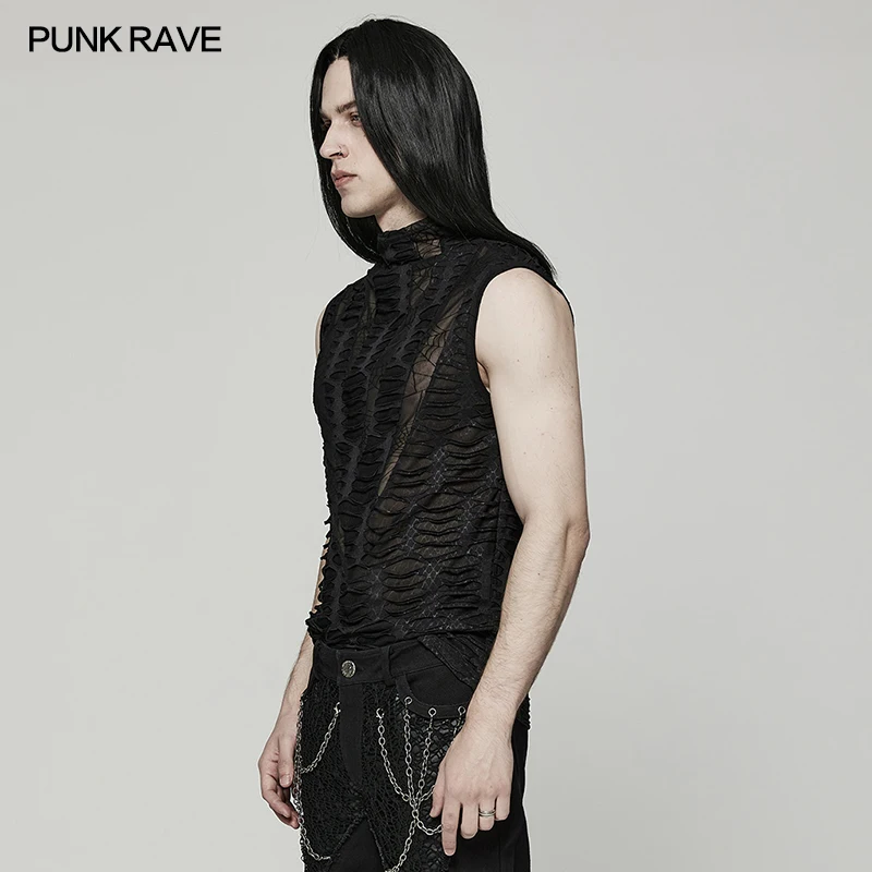 PUNK RAVE Men's Gothic Mesh Vest, Black Polyester Elastane Snake Print High Neck Sleeveless Top T-shirt WT777
