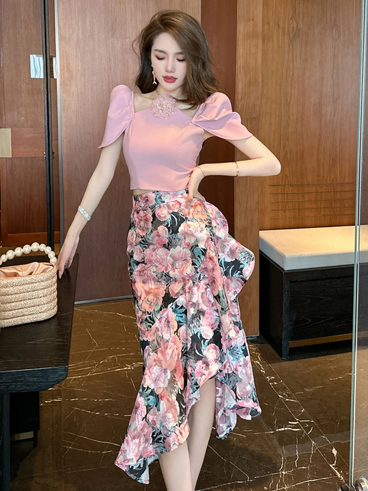 Fashion Summer Sexy Chic 2 Piece Outfit Elegant Women Lady Puff Sleeve Cropped Short Tops Shirt Blouse Midi Skirt Mujer Slim Set