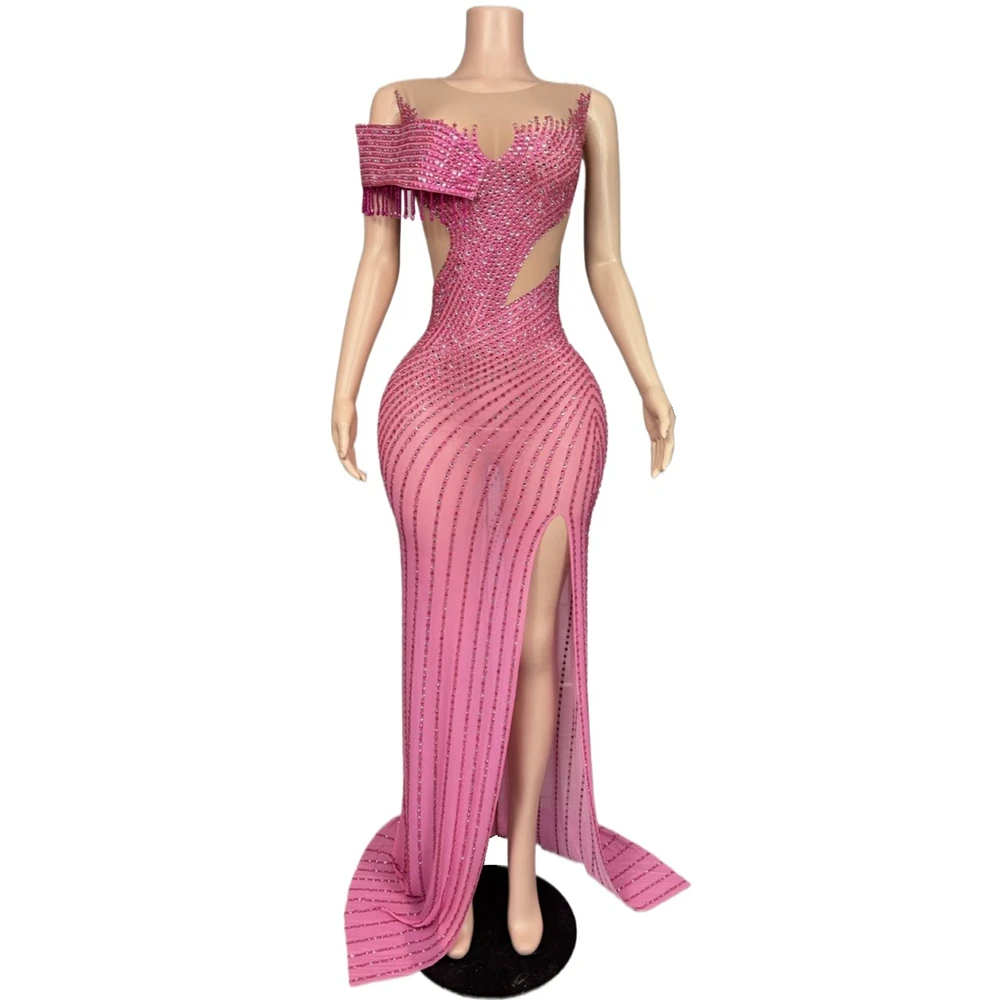 Elegancka długa sukienka z rozcięciem i dżetami dla kobiet, seksowna, siateczkowa, prześwitująca, wieczorowa, na studniówkę, urodziny, sesję zdjęciową.