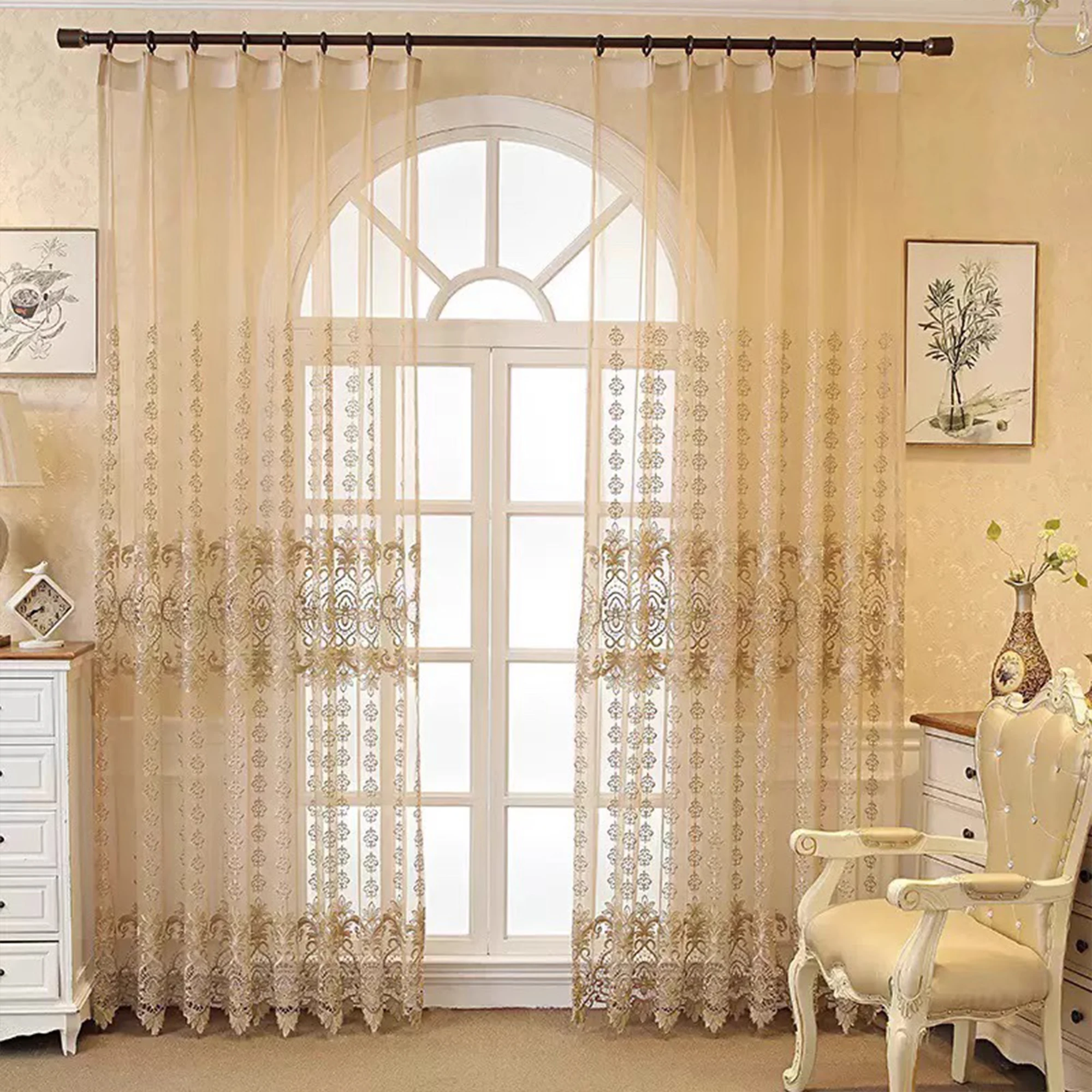High-end Atmosphere Luxury European Embroidered Window Screen Curtain Living Room Bedroom Balcony Golden Blackout  Product