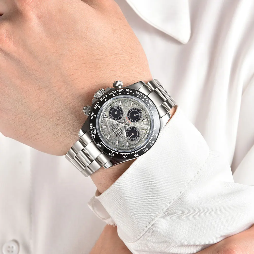 ساعة يد رجالية 39 ملم مع كرونوغراف حركة VK63 وزجاج الياقوت وحزام مطاطي وساعة مخصصة لرجال الأعمال الفاخرة