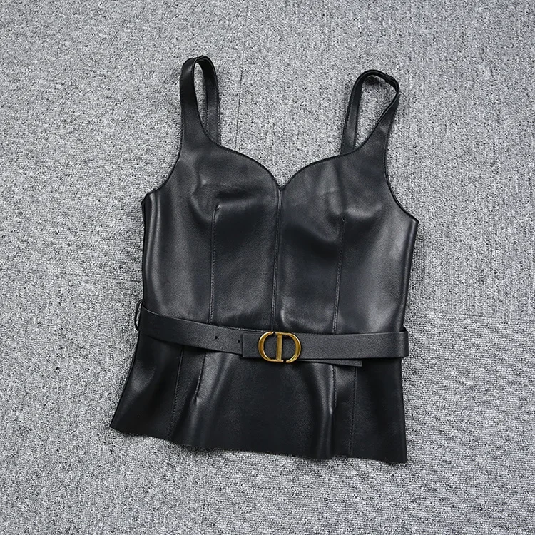 Fashion high-waisted genuine leather sheepskin halt tops with strapless vest with dermal belt