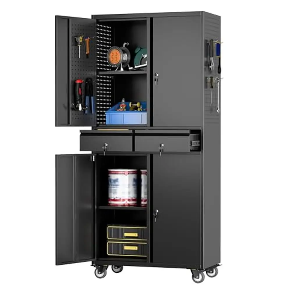 

Metal Rolling Storage Cabinet with Lockable Doors & Pegboard Adjustable Shelves Tool Cabinet on Wheels