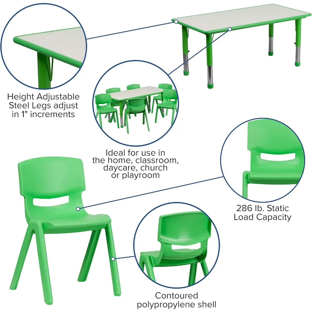 Mesa de actividades de plástico verde de 23.625 "W x 47,25" L, 6 sillas, contorneado, polipropileno, shellno, piezas de metal, elimina