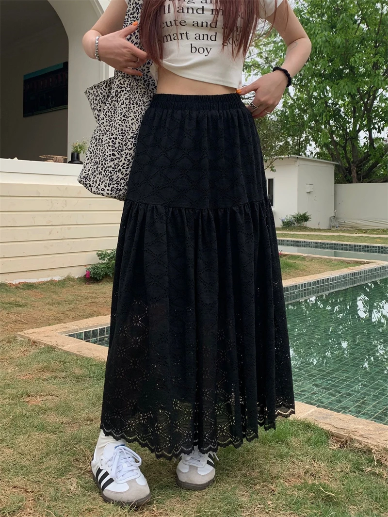 

Benuynffy Black Hollow out Lace Ruffled Long Skirts Women Spring Summer 2024 High Elastic Waist Sweet Casual White A-Line Skirt