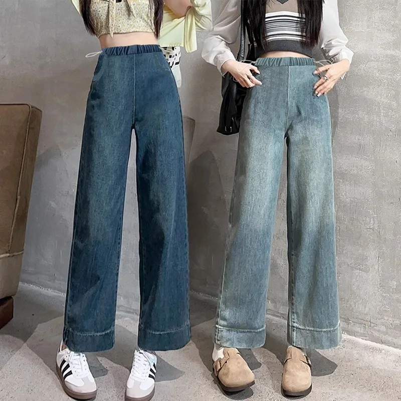 

Maternity Korean Style Denim Trousers Summer Vintage Female Drawstring Waist Pants Pregnant Woman Jeans Loose Casual Long