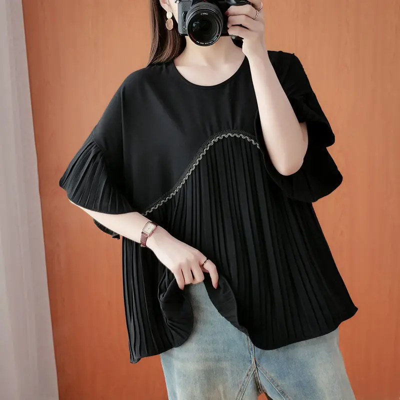 Summer New Fashion Oversize Solid Color Chiffon T-Shirts Women Round Neck Loose Short Sleeve Pullovers Pleated Personality Tops