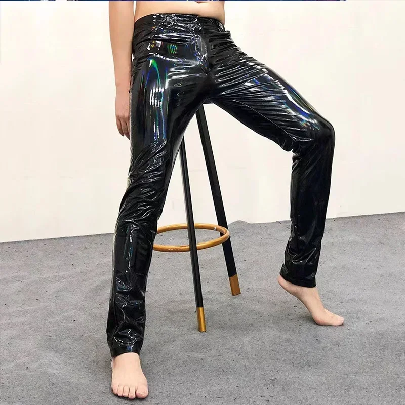 Men's Stretch PU Faux Latex Trousers Glossy Patent Leather Pants Male Punk Rock PVC Motorcycle Pants Party Clubwear Custom New