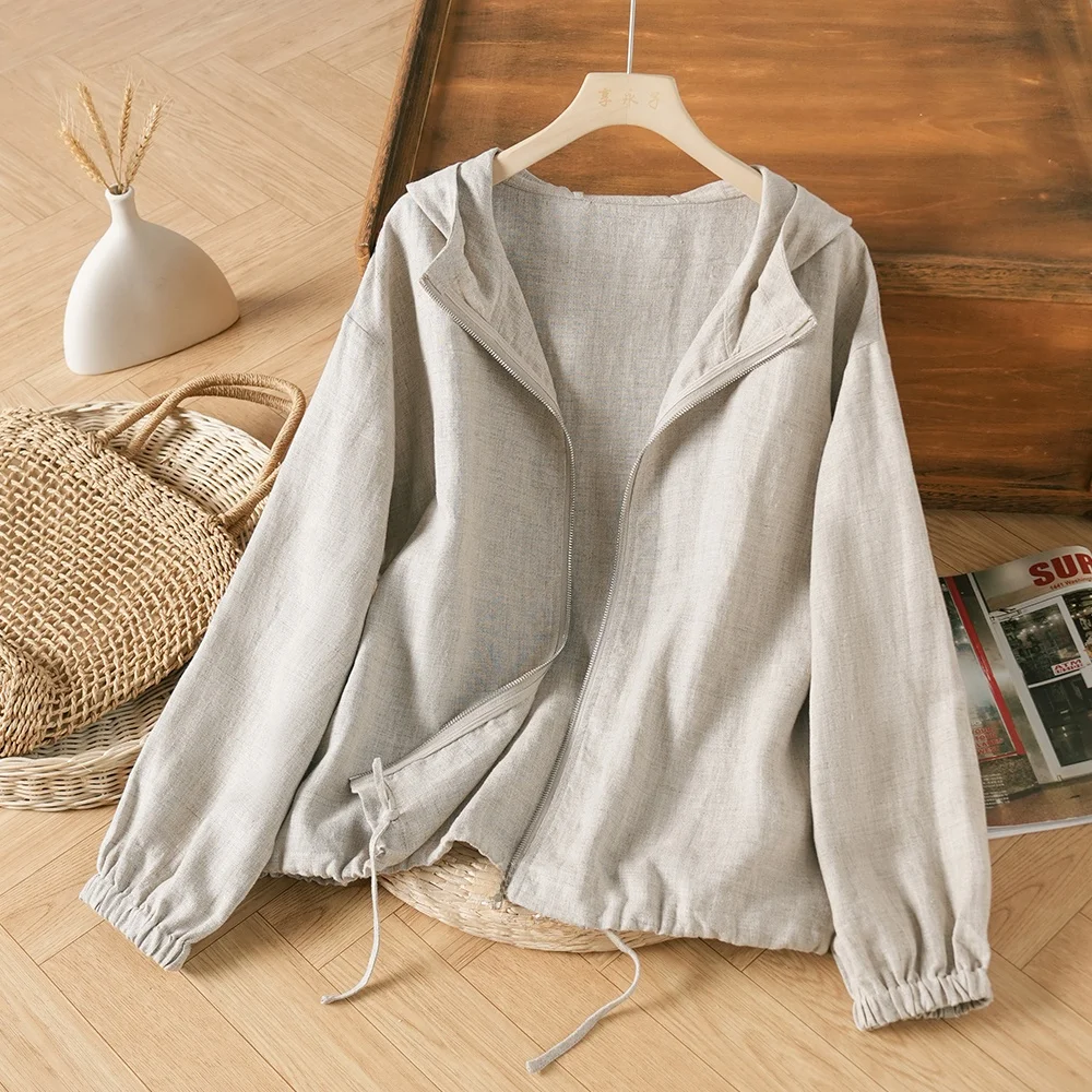 

Spring Summer Thin Pure Color Long Sve ort Coat Cotton Linen Hooded Jaet Batwing Sve Cover up Sun Protection