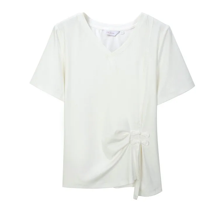 Camiseta con efecto adelgazante y diseño de botones, abertura Individual, ropa china de talla grande para mujer, verano 2024 Faion