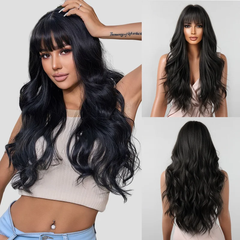 Black Wigs for Women Long Wavy Curly Hair Wigs with Bangs Synthetic Cosplay Wigs