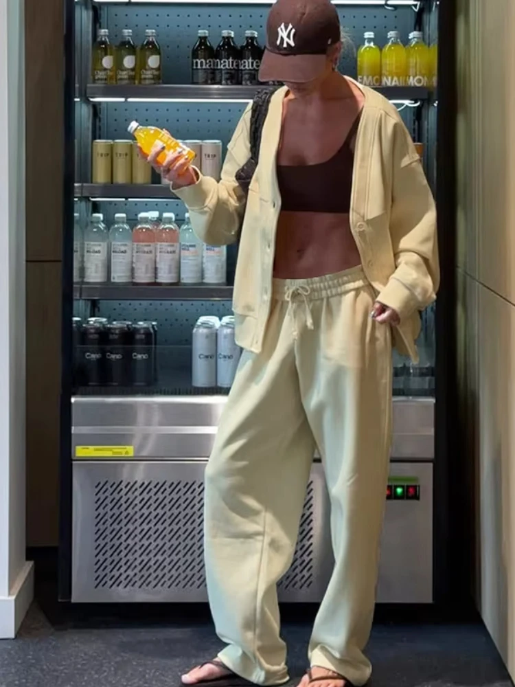 

Kliou Casual Sporty 2 Piece Set Women Single Breasted Cardigan Jacket+Drawstring Long Pants Daily Simple Sporty Style Outfits