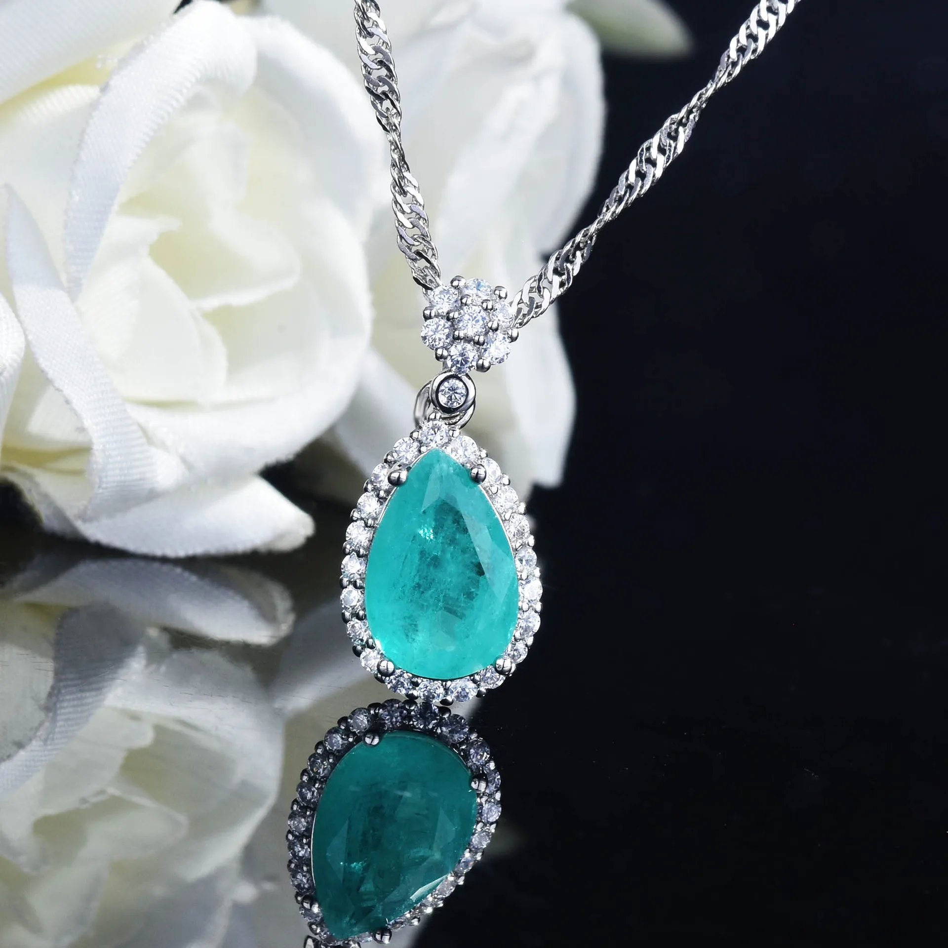 S925 Sterling Silver Real Natural Paraiba Jewelry Set Drop Ring Pendant Necklace And Earrings Elegant Fine Jewelry For Women