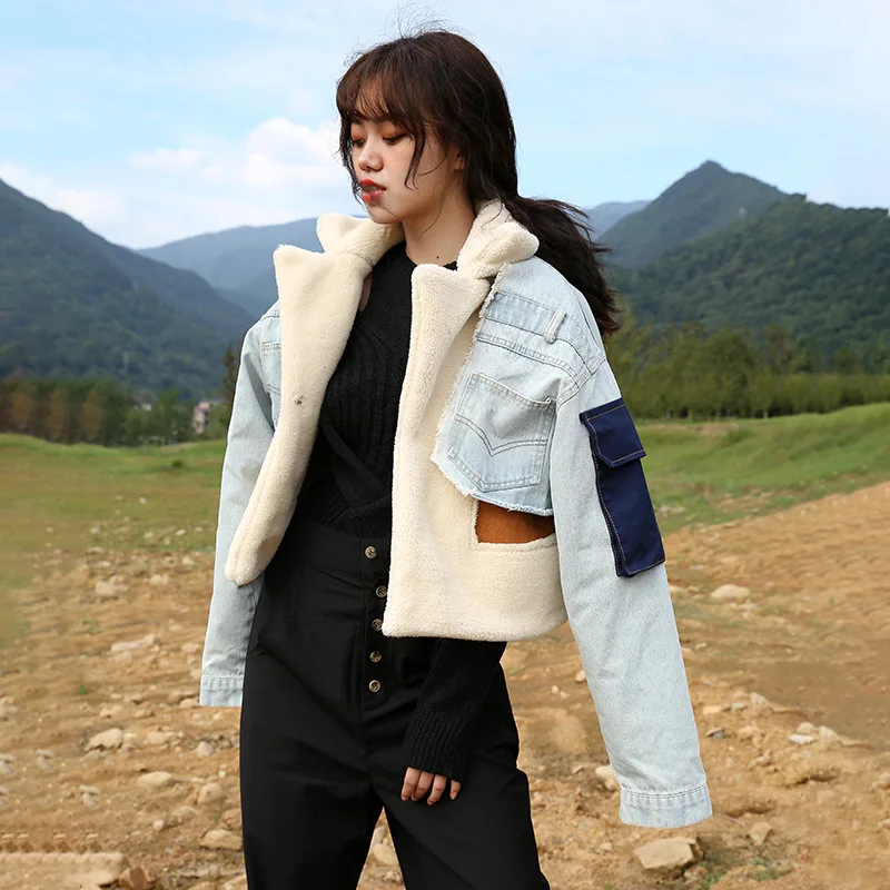 

Winter new denim splicing granular cashmere denim lamb wool loose warm lapel long sleeve short coat