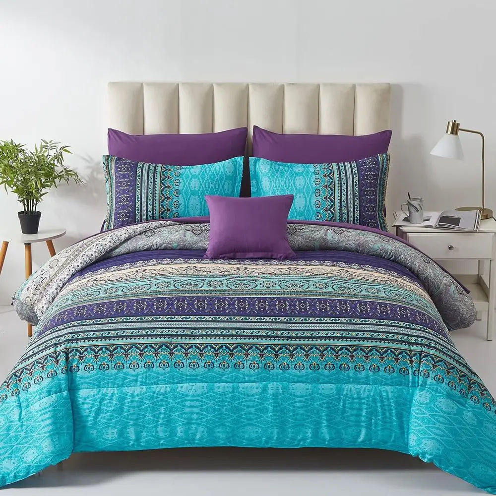 

Boho Comorter Set Queen Size 8 Piece Bed in a Bag Boan Striped Bedding Quilt Set Aqua Paisley loral Comorter and Sheet Set,Sot M