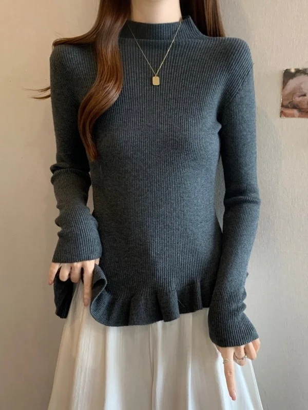 

plus Size Slimming Knitwear f High Collar Women's Inner Wear Princ Sle Sweet Princ Fit Long Sve ort Dr