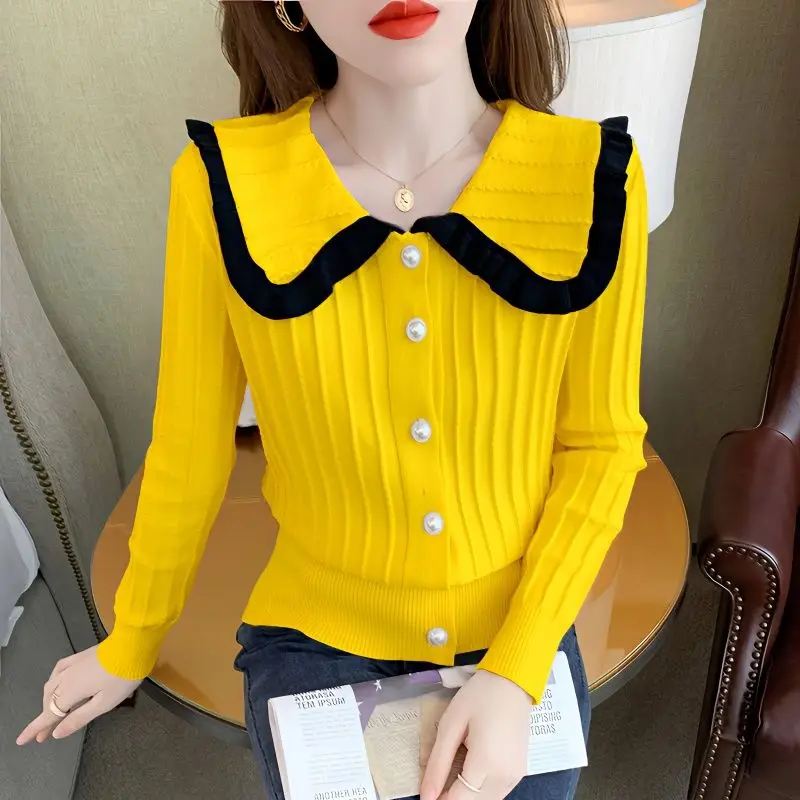 Sweet Peter Pan Collar Spliced Button Folds Sweaters Women\'s Clothing 2024 Autumn Winter Solid Color Casual Cardigan Tops