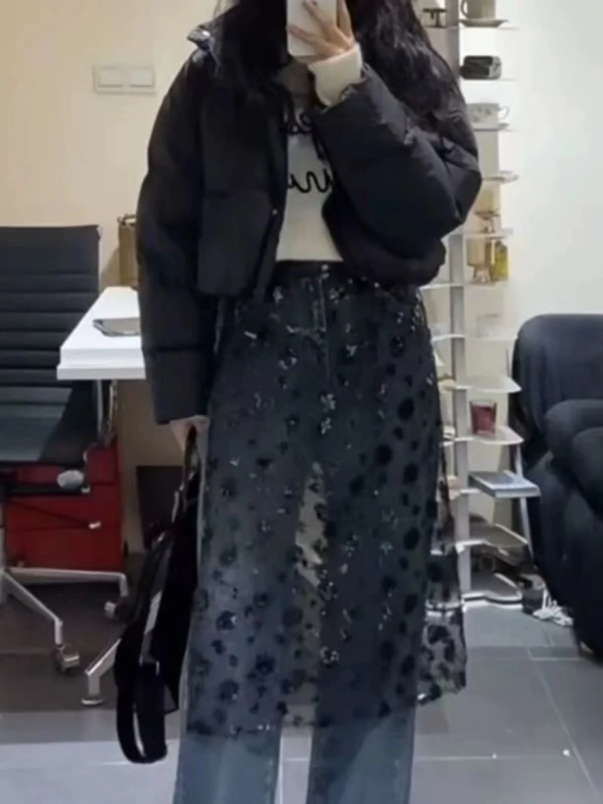 Dongda Gate Lace Trim Skirt Curtain Women's Japanese Style One-Piece Mesh Skirt Cover up Sequin Apron Half-length Skirt