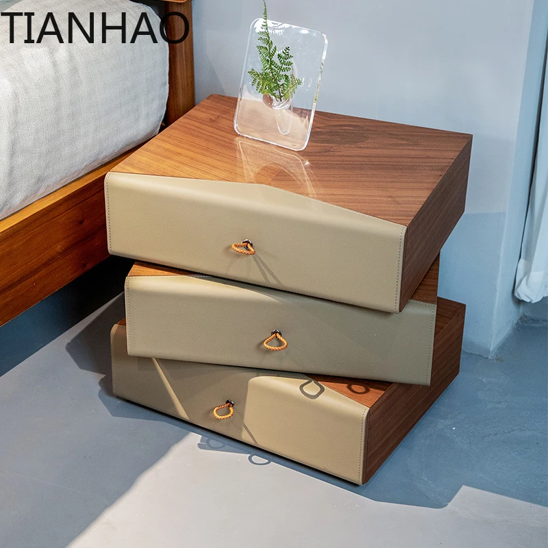 Modern Swivel Night Stand Bedside Table 3 Drawers Solid Wood Walnut Brown Leather Nightstand with Drawers for Bedroom