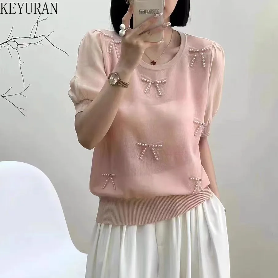 

2025 Summer New Thin Bow Peals Beading Ice Silk Knit Sweater Women Korean Chic O-Neck Short Sleeve Knitwear Tops Ladies Jumpers