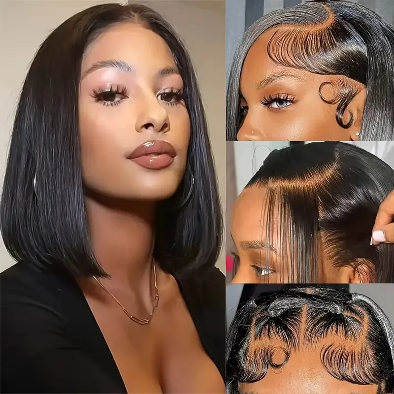 Fotografia 3: Perucas de Cabelo Humano Bob Curto de 8 Polegadas 13x4 com Renda Frontal Transparente Pré-Alongada com Baby Hair Liso