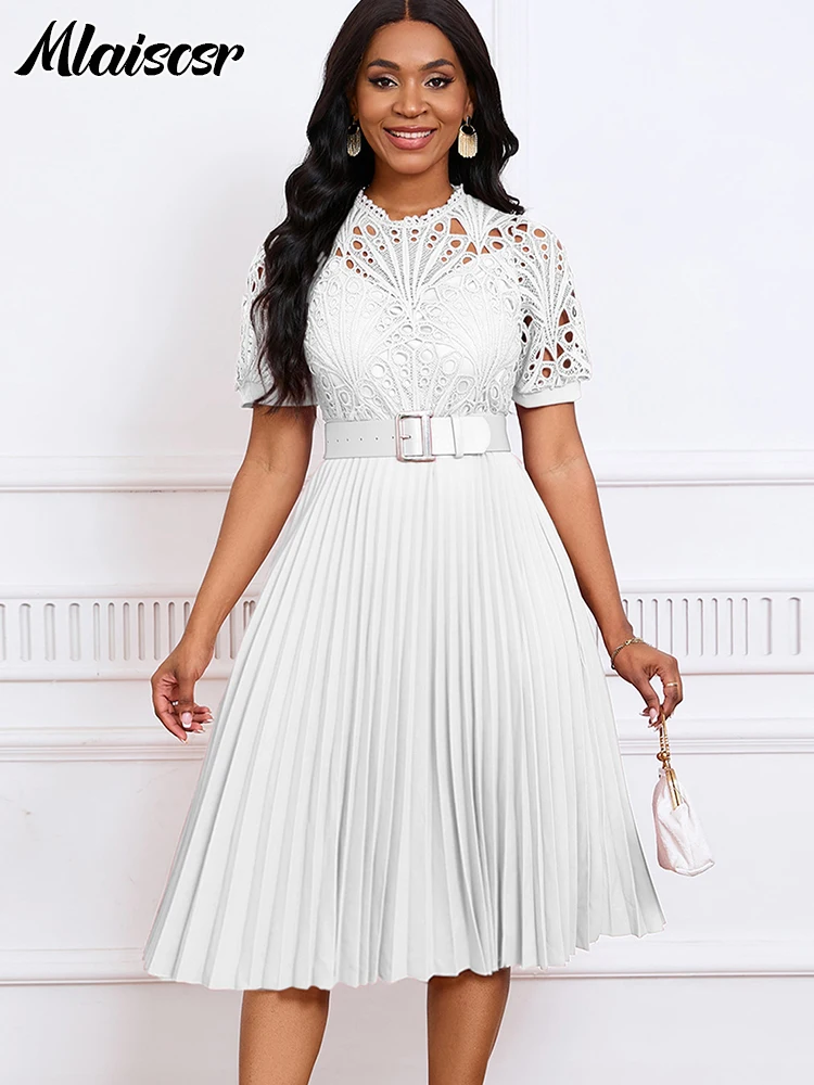 Mlaiscsr Elegant Luxury Wedding Guest Pleated Dresses with Belt Women O Neck Lace Patchwork Short Sleeve Birthday Party Robe New