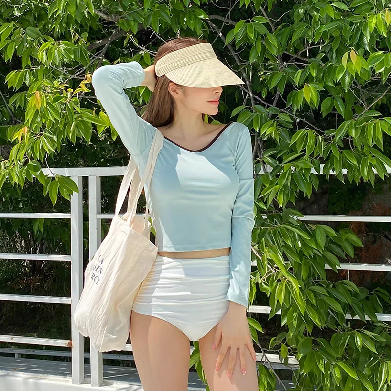 بدلة سباحة نسائية مثيرة بأكمام طويلة وخصر مرتفع لعام 2025، زي سباحة محتشم للطالبات يغطي البطن وينحف الجسم، مناسب للينابيع الس...