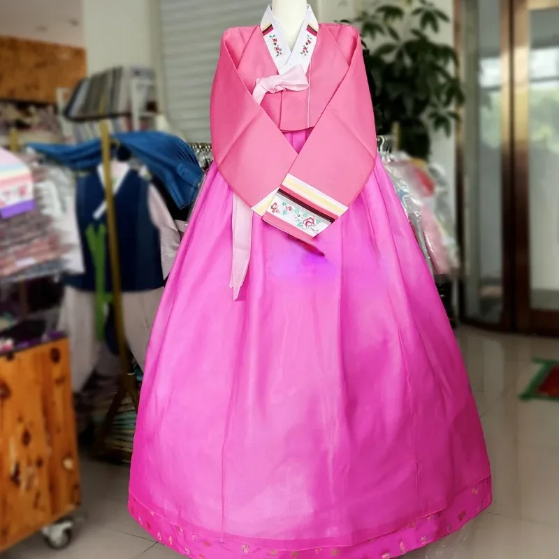 Roupa coreana tradicional bordada, Hanbok rosa, requintado, estilo retro