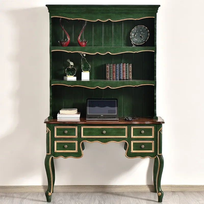 Solid Wood Desk Study Table Office Computer Desk with Chair Retro Green Writing Desk Home Storage Cabinet Simple Desktop