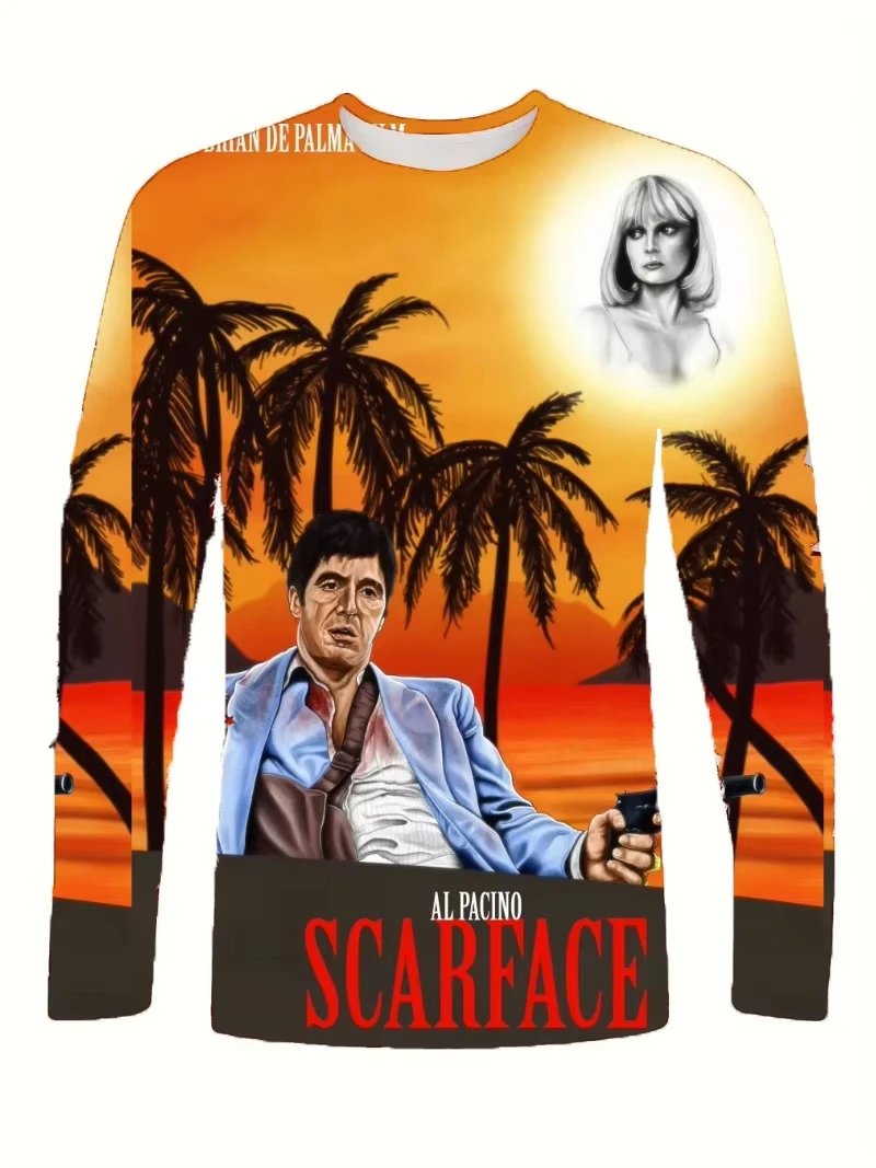 موضة جديدة قميص رجالي ثلاثية الأبعاد فيلم سكارفيس تي شيرت مطبوع طاقم مستدير كم طويل تي شيرت رياضة ملابس رياضية بلايز تيز الذكور الملابس