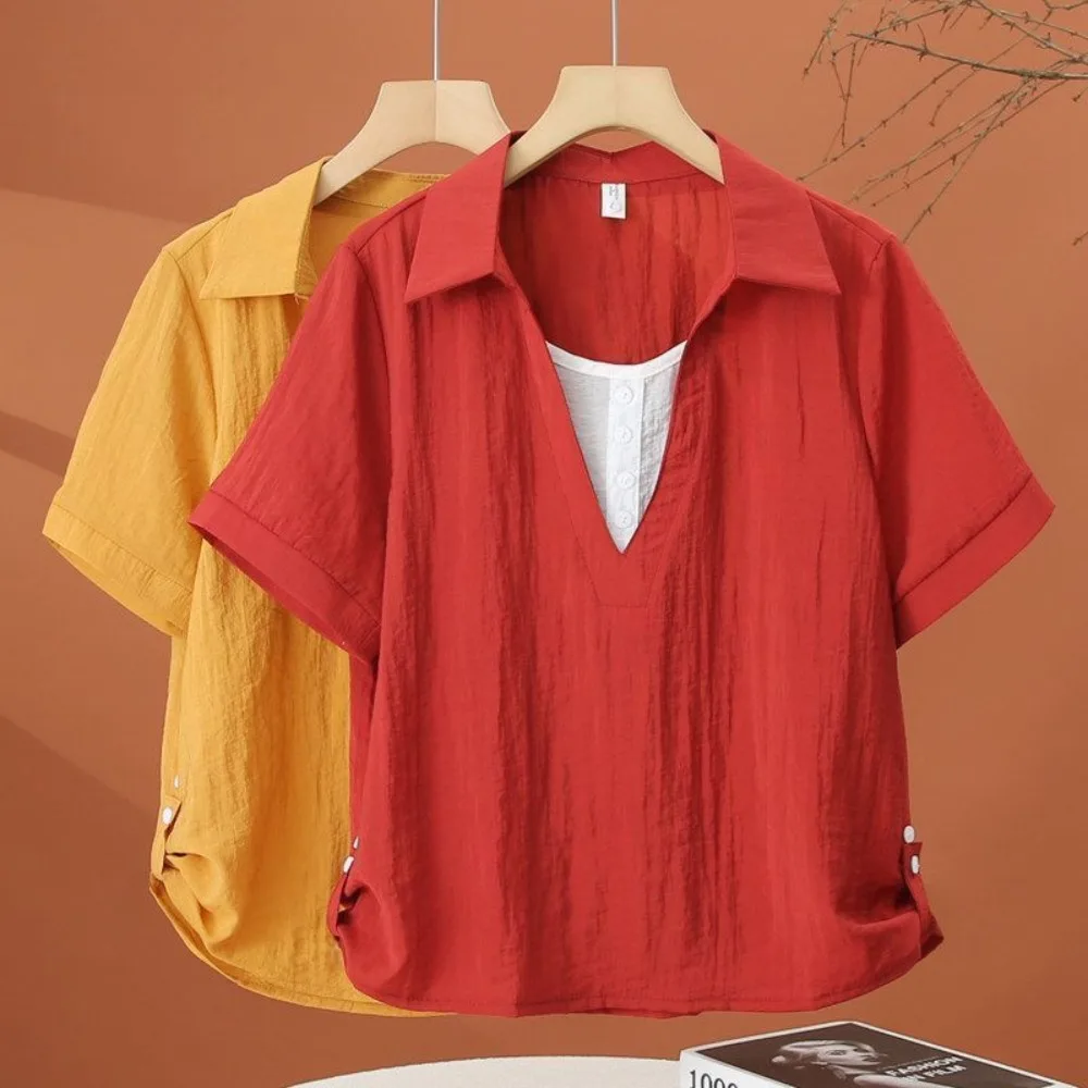 Summer New Women's Fashion Loose Shirt Pure Color Turn-down Collar Short Sleeve Top Button Asymmetrical Design Two-Piece Look TO