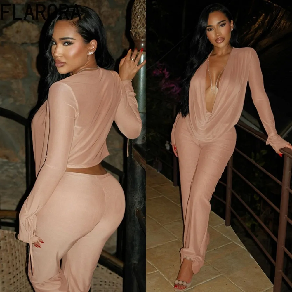

FLARORA Sexy Mesh See Through 2 Piece Set Woman Swing Collar Full Sleeve Tees And Straight Pants Outfits Elegant Party Clubwear