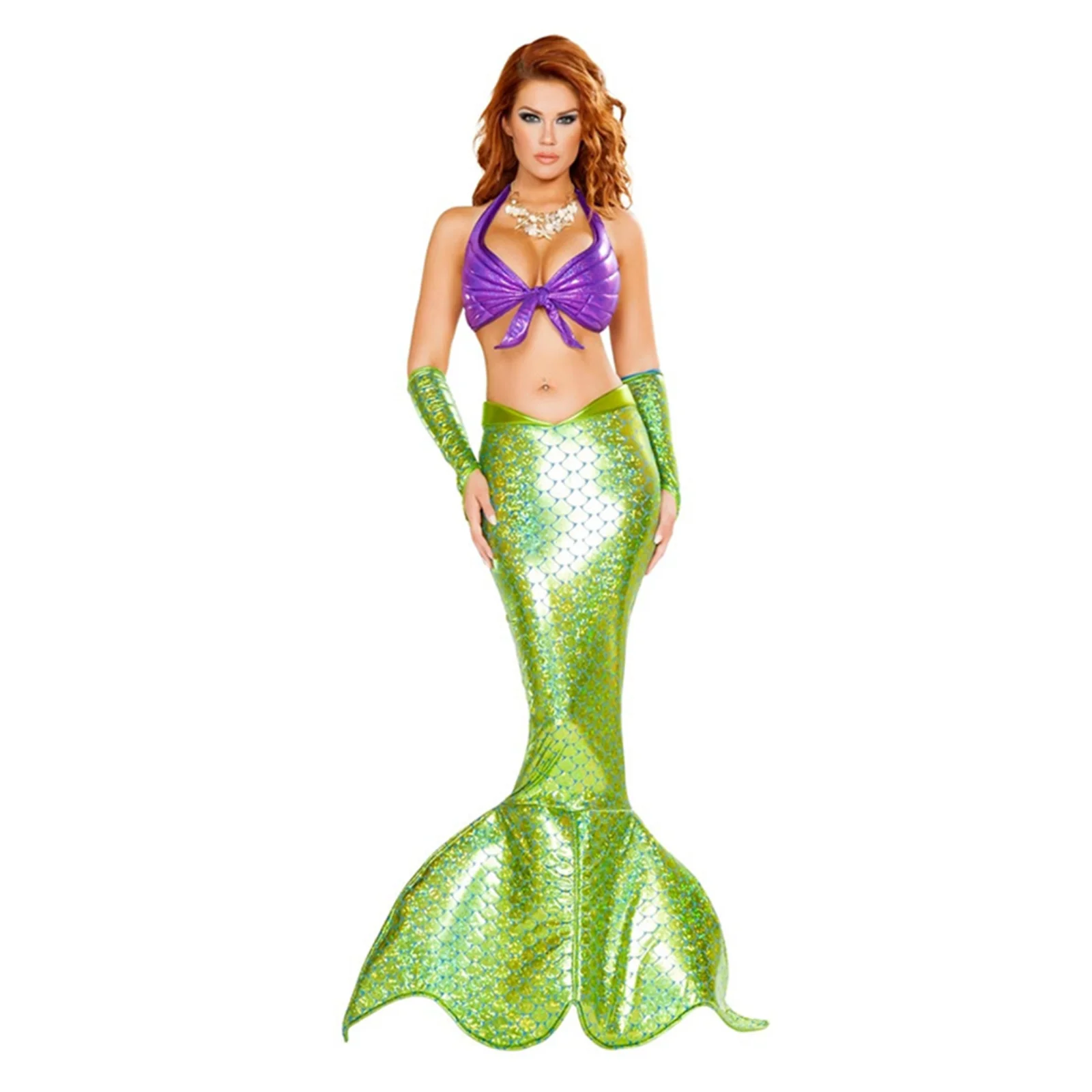 Conjunto de Dos Piezas de Sirena con Lentejuelas Brillantes para Mujer, Top Halter, Falda Larga Ajustada de Cintura Alta, Disfraz de Halloween con Temática Marina ﻿