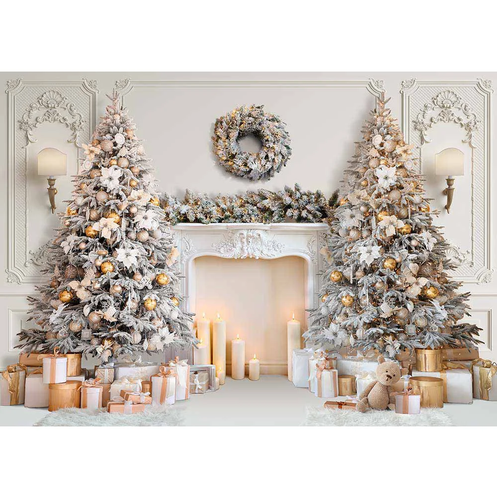 داخلي الأبيض الموقد خلفية فوتودعوة أشجار عيد الميلاد هدايا اللعب شمعة إكليل خلفية الكلاسيكية عيد الميلاد الشتاء خلفية الدعامة