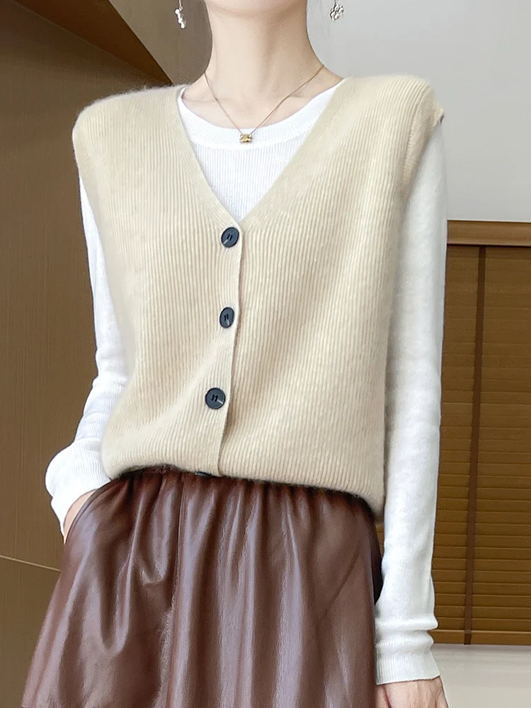 Large Size Autumn Winter 100% Cashmere Vest Women's V-Neck Sweater Sleeveless Knitted Cardigan Casual Style Outerwea Fashion Top