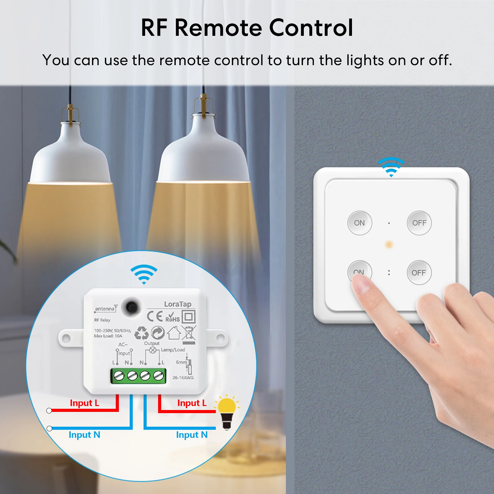 LoraTap  Wireless RF 868Mhz Socket Swtich Relay Module 10A EU Remote with Wall Base Remote Control ON/OFF For Light, Fan, Pump