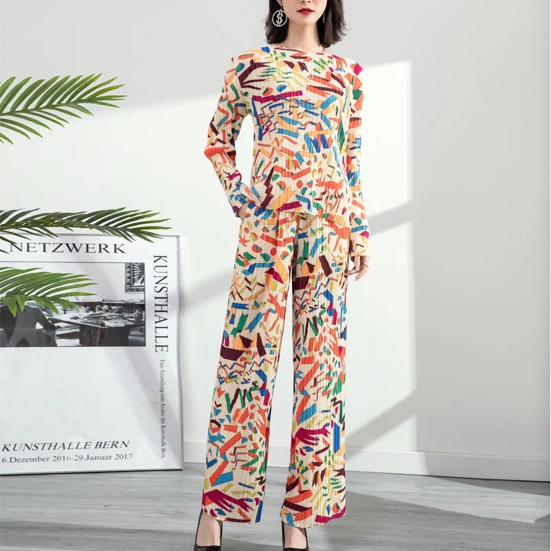 

Spring Women's Casual Print Suits Miyak folds Fashion large size high waist drape wide leg pants round neck top two-piece set