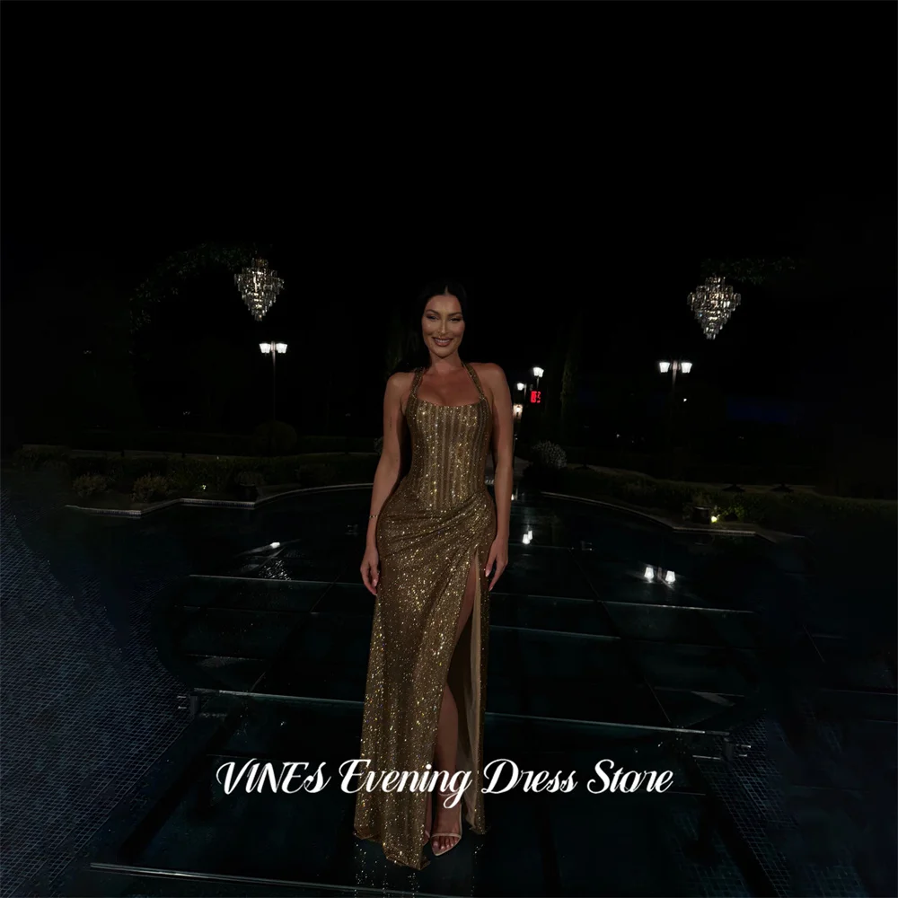 

Вечерние платья VINES с золотыми пайетками, на бретельках, фасона «русалка», сексуальные, для торжественных мероприятий, с высоким разрезом, без рукавов, для вечеринок, на заказ