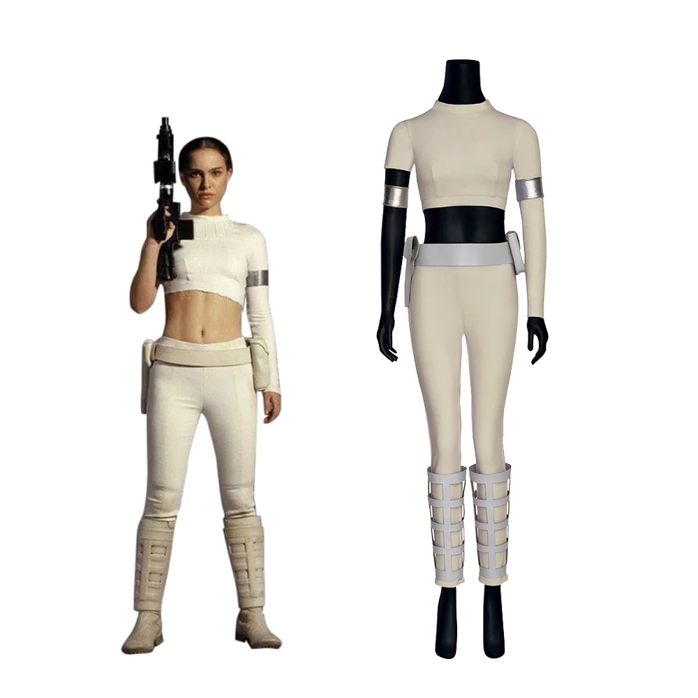 

Padme Amidala Cosplay Costume Princess Leia White Tops Pant Suit with Leg Covers Women Halloween Carnival Party Role Play Outfit