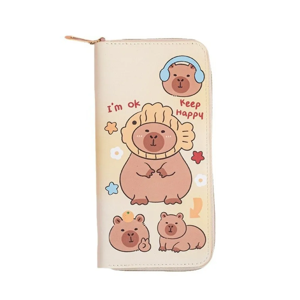 Nueva cartera larga de capibara de dibujos animados, tarjetero de cuero PU impermeable con cremallera, tarjetero multicapa para mujer