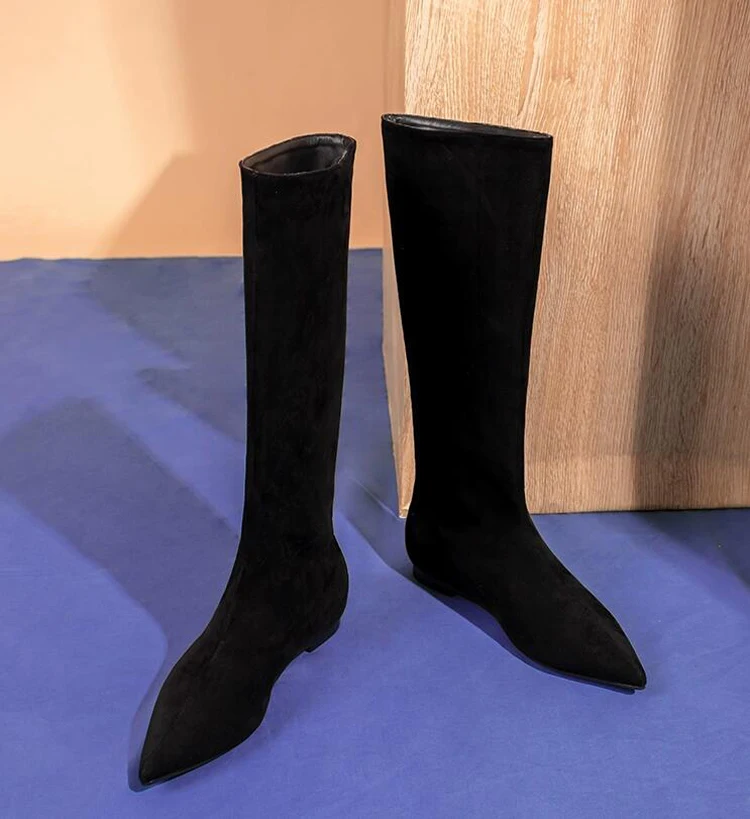 Women Knee High Boots Suede Leather Slip on Knight Boots Pointed Toe Low Heel Solid Color Warm Winter Autumn Boots Shoes Females