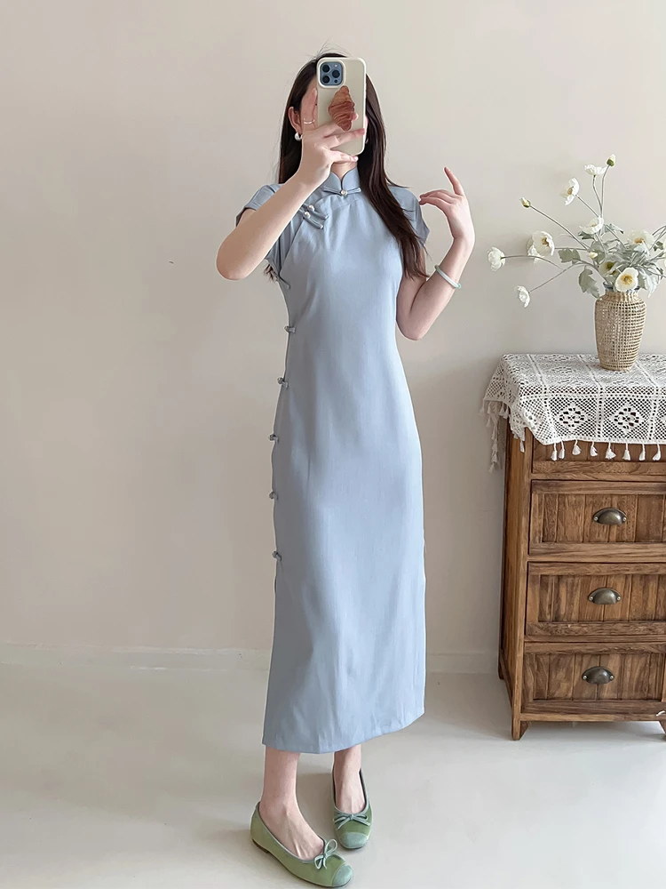 

Ele Blue Traditional Chinese Sle High Collar ort Sve Long Qipao Daily Low Slit Breathable Comfortable
