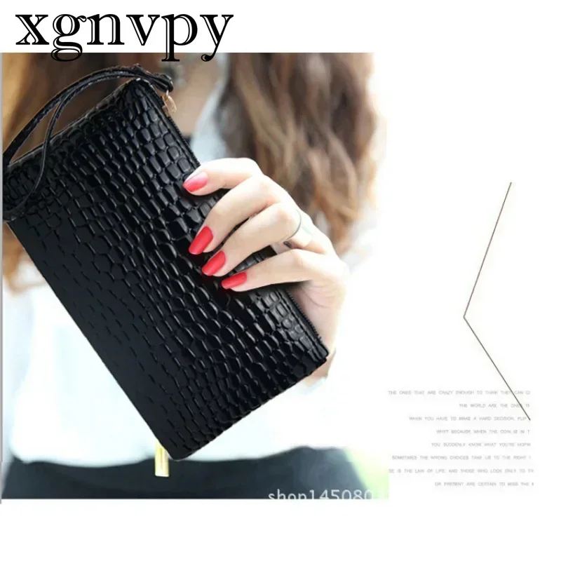 Xgnvpy-cartera de mano de PU para mujer, cartera elegante de grano de lichi, bolsillo para teléfono, muñequera, tarjetero de crédito