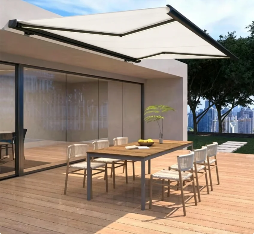 Large Sized Luxurious Balcony Sunshade with Lighting Function Motorized Retractable Canopy APP Control Intelligent Awning